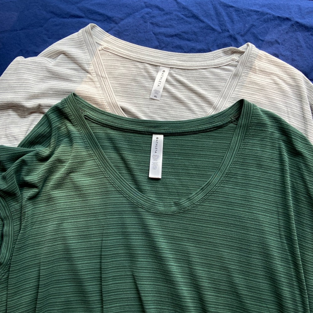 2 Athleta tops -gray with white stripe and dark green top